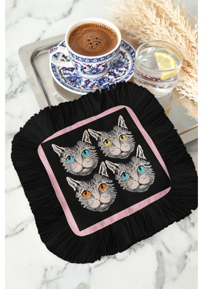 Şık Kedi Portre Saçaklı Sunum Peçetesi - Sanatsal Bohem Siyah Pembe Desenli Kahve Sunum Mendili Çok Renkli