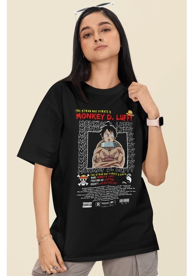 Sevbano Tasarım Monkey D. Luffy One Piece Baskılı Unisex Oversize Anime D Siyah