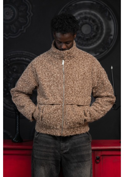Akçaylar Oversize Crop Model Yan Cepli Astarlı Kırçıllı Mont Kahverengi