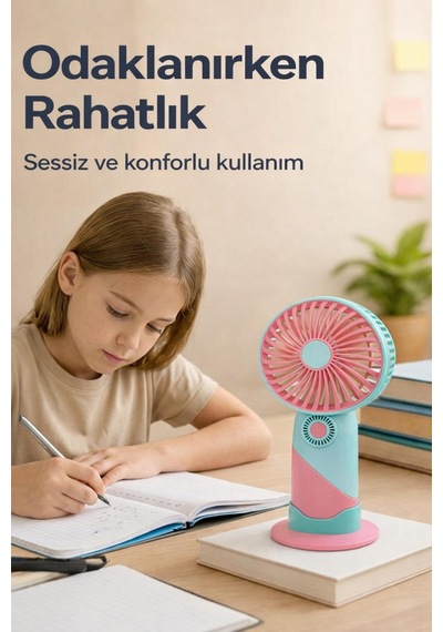 Standlı Şarjlı Mini El Fanı 3 Kademeli, Sessiz, Taşınabilir Masaüstü Vantilatör