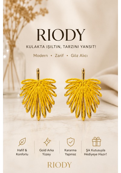 Riody Sarı Gold Yaprak Küpe Kadın Sallantılı Küpe Hafif Şık Günlük Abiye Kombin