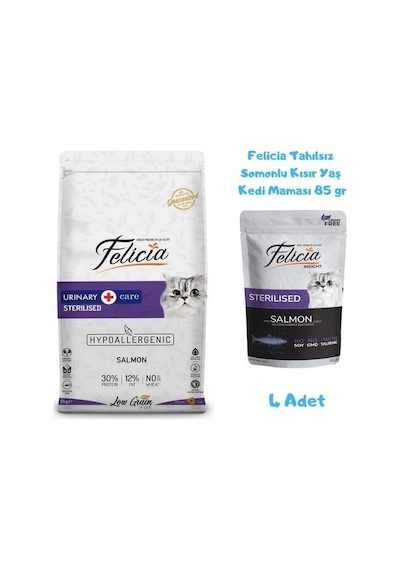 Felicia Kısırlaştırılmış Somonlu Yetişkin Kedi Maması 2 KG + Felicia Yaş Mama 4'lü