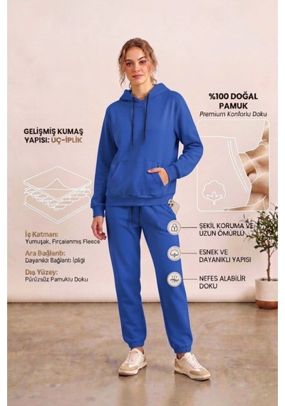 Moibody Kadın 3 İplik Şardonlu Eşofman Takımı Premium Kapüşonlu Sweatshirt Ve Jogger Alt Yavruağzı Mavi Mavi Moibody Kadın 3 İplik Şardonlu Eşofman Takımı Premium Kapüşonlu Sweatshirt Ve Jogger Alt Yavruağzı Mavi Mavi