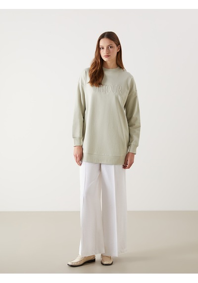 Lcw Modest Gri Bisiklet Yaka Nakışlı Oversize Kadın Sweatshirt Tunik