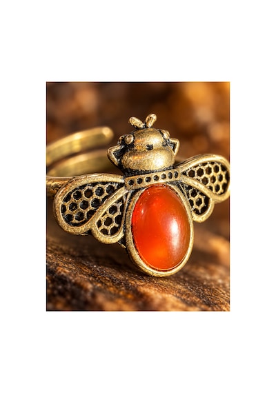 Esoo Jewelry Arı Figürlü Akik Taşlı Ayarlanabilir Kadın Yüzük Antik Pirinç Gold