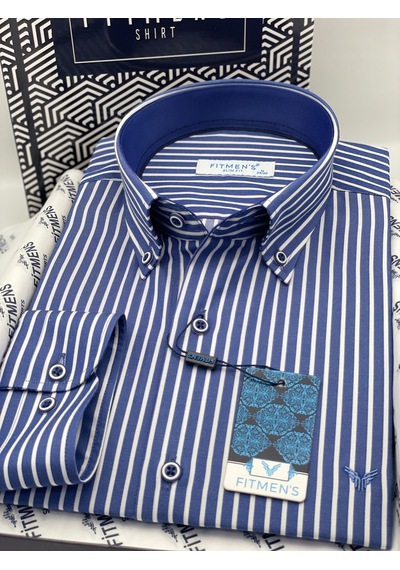 Slim Fit Uzun Kol Premium Kalın Çizgili Yaka Düğmeli Hediye Kutulu Kolay Ütülenebilir Erkek Gömlek Fs-001375 - Saks Mavi-1488