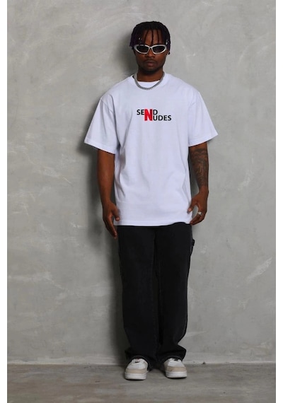 Freedom Storee Erkek Kısa Kol Yazlık Tişört Bisiklet Yaka Baskılı Oversize T-shirt - Beyaz Çok Renkli