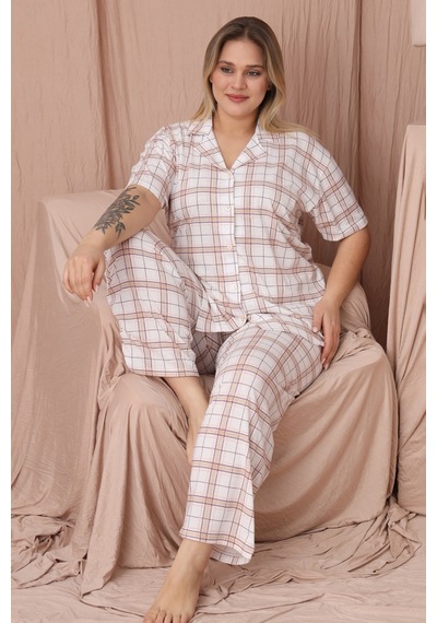Wordex Mirano 4951 Kısa Kollu Süprem Kumaş Kareli Büyük Beden Düğmeli Kadın Pijama Takımı Beyaz Wordex Mirano 4951 Kısa Kollu Süprem Kumaş Kareli Büyük Beden Düğmeli Kadın Pijama Takımı Beyaz