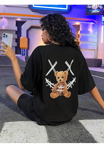 Tarzsokak Coolane Gülümseyen Teddy Bear Sırtlı Baskılı Tişört Siyah