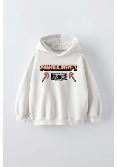 Erkek Çocuk Mınecraft Modelli Kol Manşetli Pamuk Kapşonlu Sweat Ekru