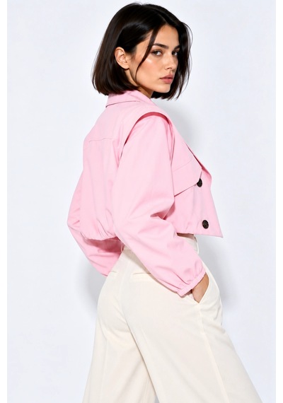 Mevese Kruvaze Yaka Lastikli Kadın Crop Trençkot Cep Detaylı - Pembe