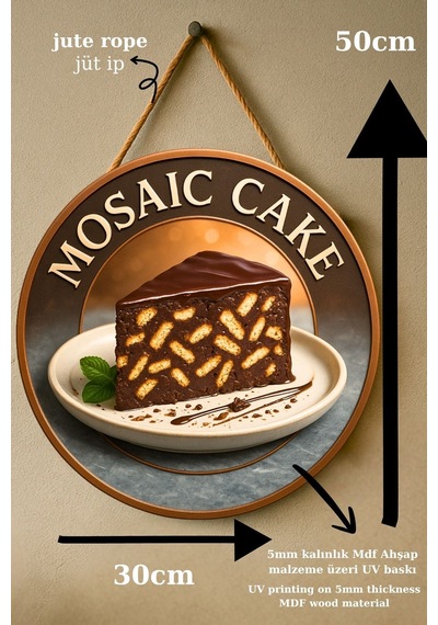 Mozaik Kek Temalı İpli Ahşap Kapı Duvar Süsü, Pastane, Tatlı Dükkanı, Cafe Tablo Dekoru