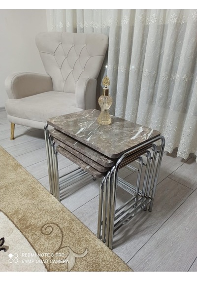 Zigon Sehpa Nikelaj Kaplama Metal Ayaklı Gri Mermer Desen (540935854)