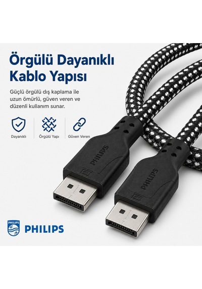 Philips Swr3139b 2 Metre Örgülü Displayport 1.4 Kablo, Dsc, 8k 60hz, 4k 240hz, 2k 360hz, 1080p 480hz, Hdr, 32.4 Gbps Dp Kablo 59400937