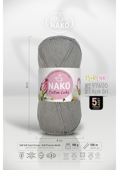 Cotton Lüks - 97600 Açık Gri - 5'li Paket - 100gr/330m - Pamuklu Hırka Yelek Amigurumi İpi