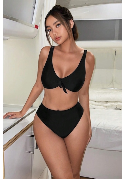 Angelsin Şık Yüksek Bel Bikini Takım Çıkartılabilir Kaplı Siyah
