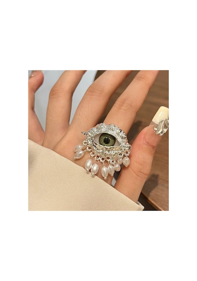 Devil Şeytan Gözlü Silver Gümüş Renkli Sır İnci Püsküllü Bohem Vintage Ayarlanabilir Yüzük