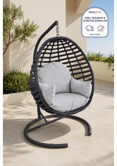 Niron Royal Rattan Bahçe Salıncağı Antrasit - Minderli Modern Salıncak