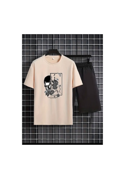 Medinenur Kuru Kafa Baskılı T-shirt Short Bol Paça Rahat Kalıp Siyah Alt Siyah Üst Short Takım Bej