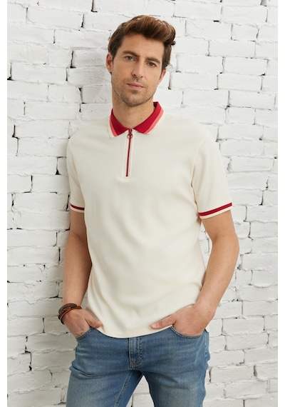 Ac&Co / Altınyıldız Classics Erkek Ekru Bordo Regular Fit Geniş Kesim Polo Yaka Tişört Ekru - Bordo