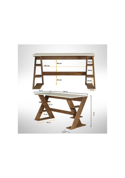 Lungo Raflı Çalışma Masası, Ofis Masası, 60x140 Cm, Koyu Meşe&beyaz Çok Renkli
