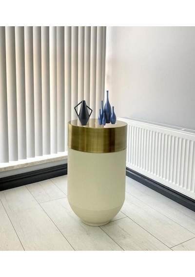 Dekoratif Eskitme Darbuka Beyaz Sehpa 70cm