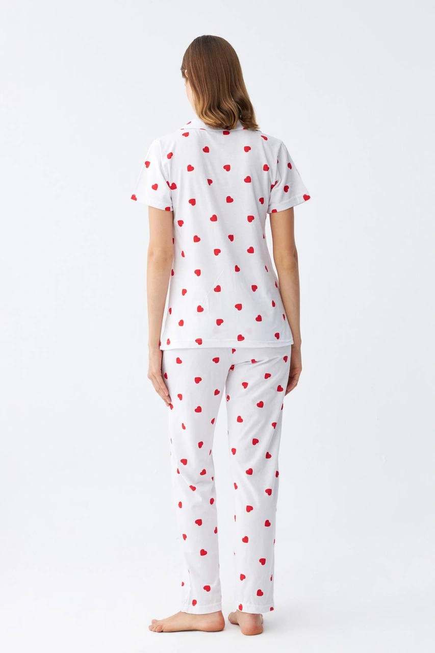 Akbeniz Kadın Beyaz Kırmızı Kalpli Önden Düğmeli Pijama Takımı Beyaz