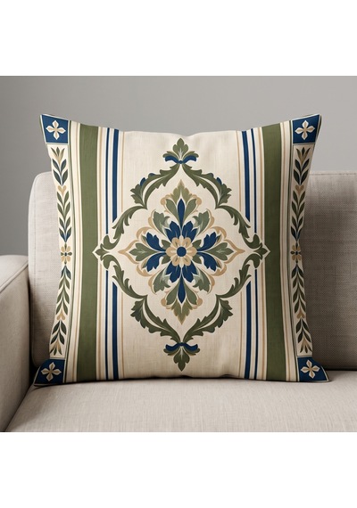 4'lü Klasik Madalyon Ve Botanik Desenli Dekoratif Kırlent Kılıfı Takımı - 43x43 Cm Çift Taraflı Lacivert - Haki Lacivert