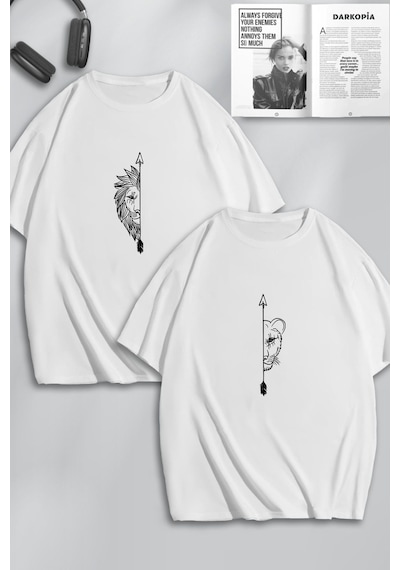 Unisex Kadın Erkek Aslan Ok Baskılı Sevgili Çift Kombini Tasarım Oversize Tshirt 2li Beyaz Mck0206 Beyaz