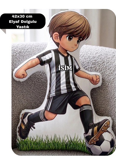Taraftar Yastık Siyah Beyaz Formalı Futbolcu Figür İsimli Yastık Çift Yön Baskılı Yastık 42x30cm Siyah - Beyaz