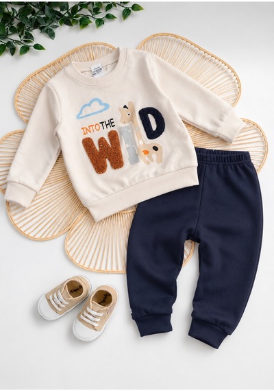 Mou&kou Bebek İşlemeli 2 Li Takım Sweatshirt Ve Alt Seti, Yumuşak Konforlu Günlük Kıyafet Lacivert