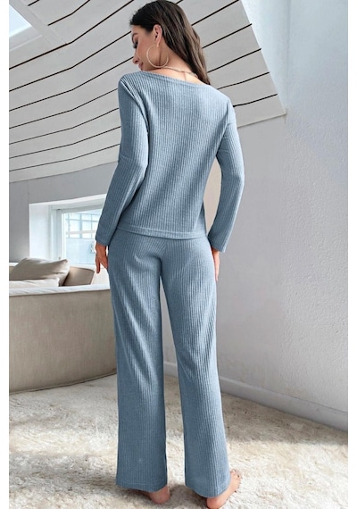Bella Notte V Yaka Pamuklu Mavi Düğmeli Uzun Pijama Takımı