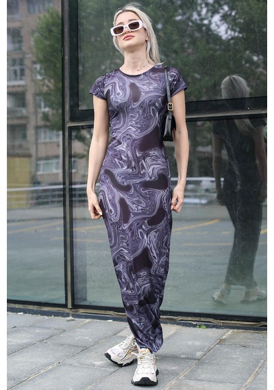 Madmext Lacivert Batik Desen Uzun Elbise Mg1723-lacivert