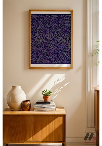 William Morris Mor Yaprak Deseni, Ahşap Çerçeveli Duvar Tablosu - Ev Dekorasyonu