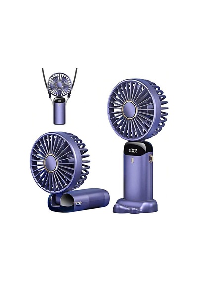 Mini El Fanı 5 Kademeli Dijital Led Göstergeli Boyun Askılı Mini Klima Vantilatör Mor