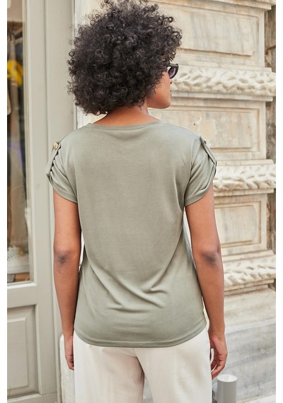 Jument Kadın Modal Penye Geniş Sıfır Yaka Düşük Omuzlu Apoletli Kısa Kol T-shirt Bluz-haki Haki Jument Kadın Modal Penye Geniş Sıfır Yaka Düşük Omuzlu Apoletli Kısa Kol T-shirt Bluz-haki Haki