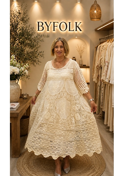 Byfolk Krem Dantel Tasarımlı Elbise