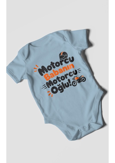 Morivokids Motorcu Babanın Motorcu Oğlu Kısa Kollu Bebek Body %100 Pamuk Bebe Mavisi