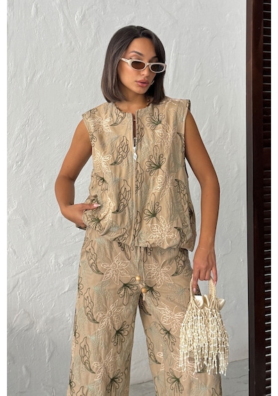 Verymoda Nakışlı Keten Fermuarlı Yelek Vmf2007 Kahve