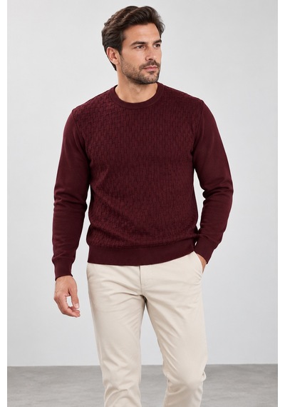Sabri Özel Erkek Kabartma Dokulu Bisiklet Yaka Triko Kazak S25 W22ct057-bordo