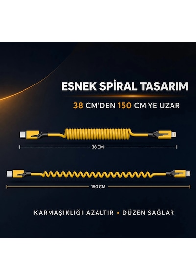 4&amp Apos Ü 1 Arada Esnek Spiral Hızlı Şarj Kablosu, Araç İçi Yaylı Kablo, Type-c Ve Lightning Uyum