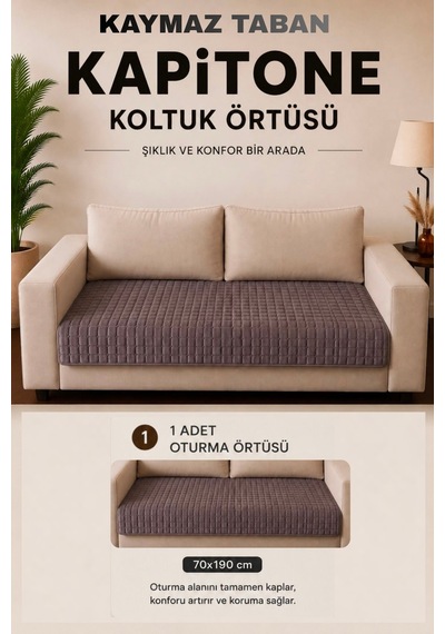 Kare Desenli Tek Parça Kaymaz Taban Kapitone Koltuk Örtüsü Çekyat Kanepe Örtüsü 70x190 Füme Füme
