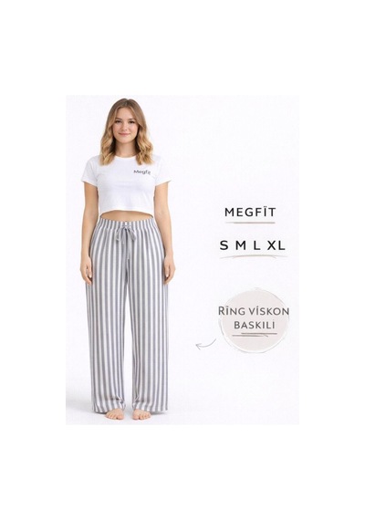 Viskon Pamuklu Kadın Açık Gri Çizgili Pijama Pantolon - Mg006 - Mudanis