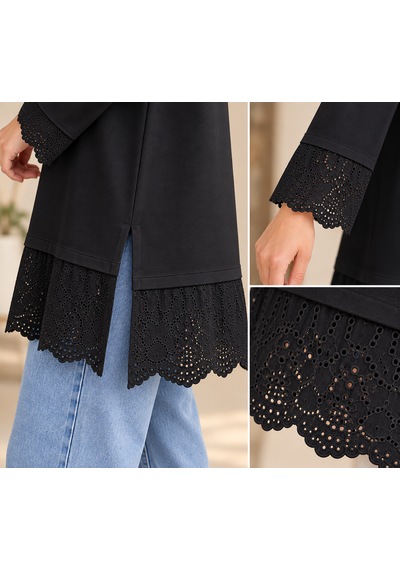 Aymiraa Kadın Dantel Detaylı Uzun Tunik Tesettür Sweatshirt Bisiklet Yaka Rahat Kesim SiYAH