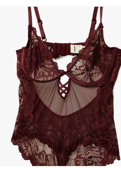 Koton Dantel Detaylı V Yaka Askılı Bodysuit Bordo 6wlk00010mk Bordo