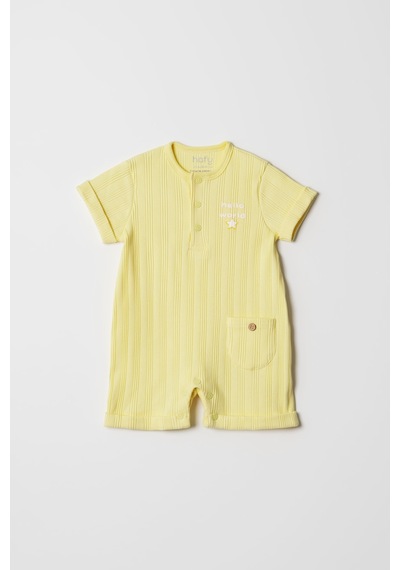 Hafy Baby Hello World İşlemeli, Kısa Kollu, Yazlık Bebek Tulumu Sarı