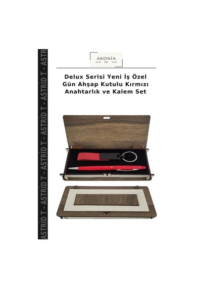 Delux Serisi Yeni İş Özel Gün Ahşap Kutulu Kırmızı Anahtarlık Ve Kalem Set Çok Renkli