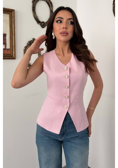 Alemdarshop Pembe Belden Oturtmalı Fleto Detaylı Yelek