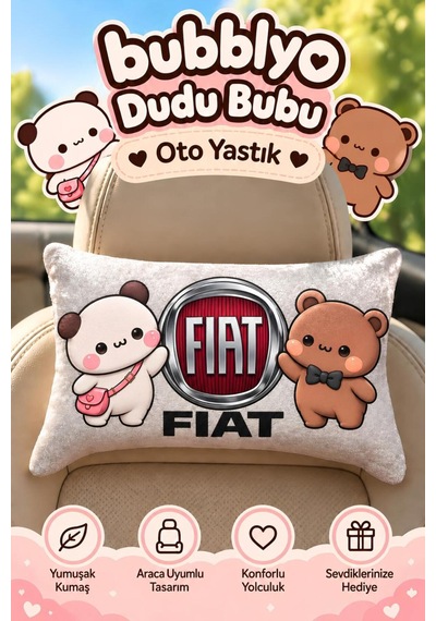 Bubblyo Fiat Temalı Dekoratif Oto Yastığı Sevimli Çift Tasarım Beyaz Beyaz