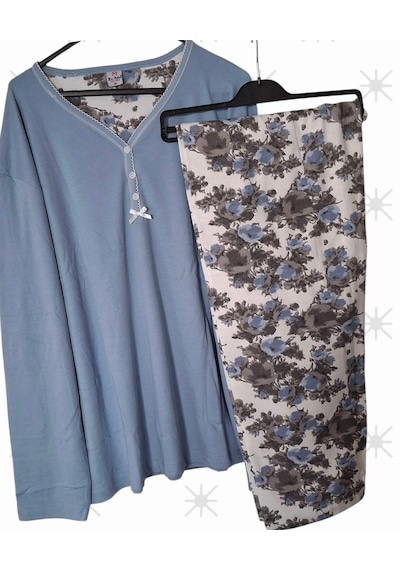 Miss Melina Büyük BedenPamuk Uzun Kol Kadın Pijama Takımı Mavi